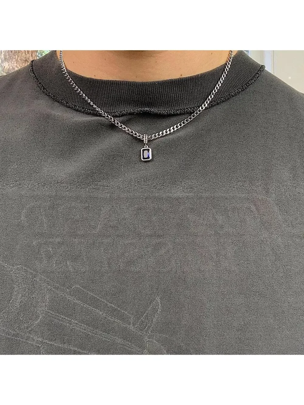 Cyber Sterling silver blue jewel pendant Cuban link choker necklace. Chain is